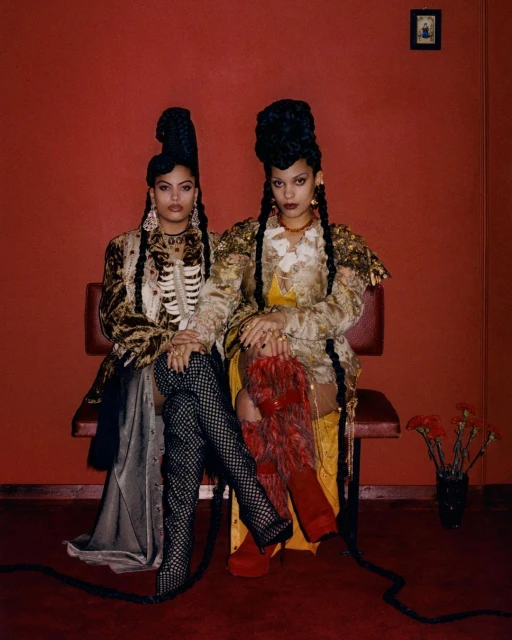 Two women sit on a red bench in front of a red wall; they wear fashionable dresses and have their hair styled in black updos.