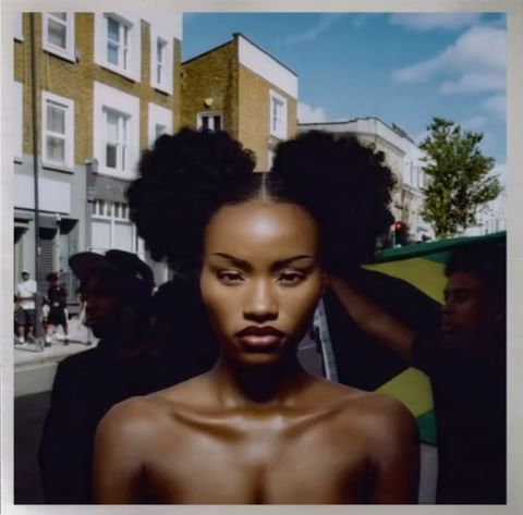 Striking portrait of a Black woman with afro hair, captured outdoors with a backdrop of urban architecture and a diverse group of people.