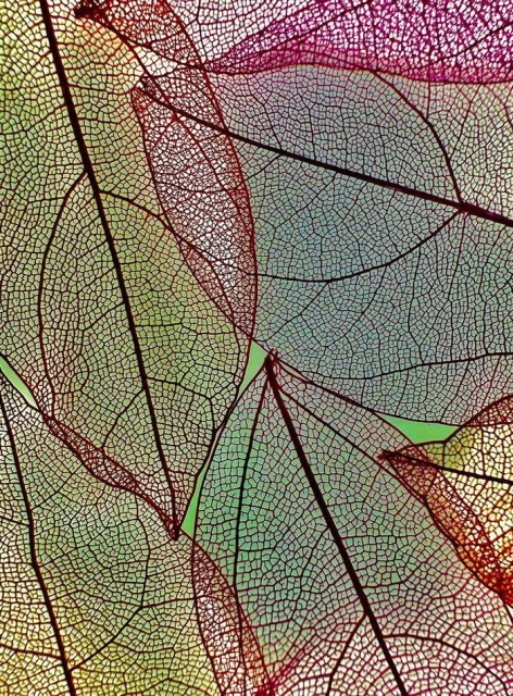Close-up image showing a layered arrangement of translucent, multi-colored leaves displaying intricate vein patterns, creating a textured organic backdrop.