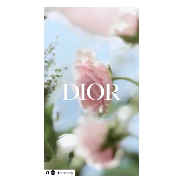 Close-up of pink rose blossoms with blurred green foliage and blue sky in soft focus, overlaid with white 'DIOR' logo.