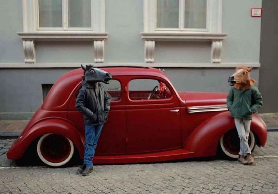 Two people wearing horse masks stand beside a vintage red car on a brick street in front of a light gray building with white windows.