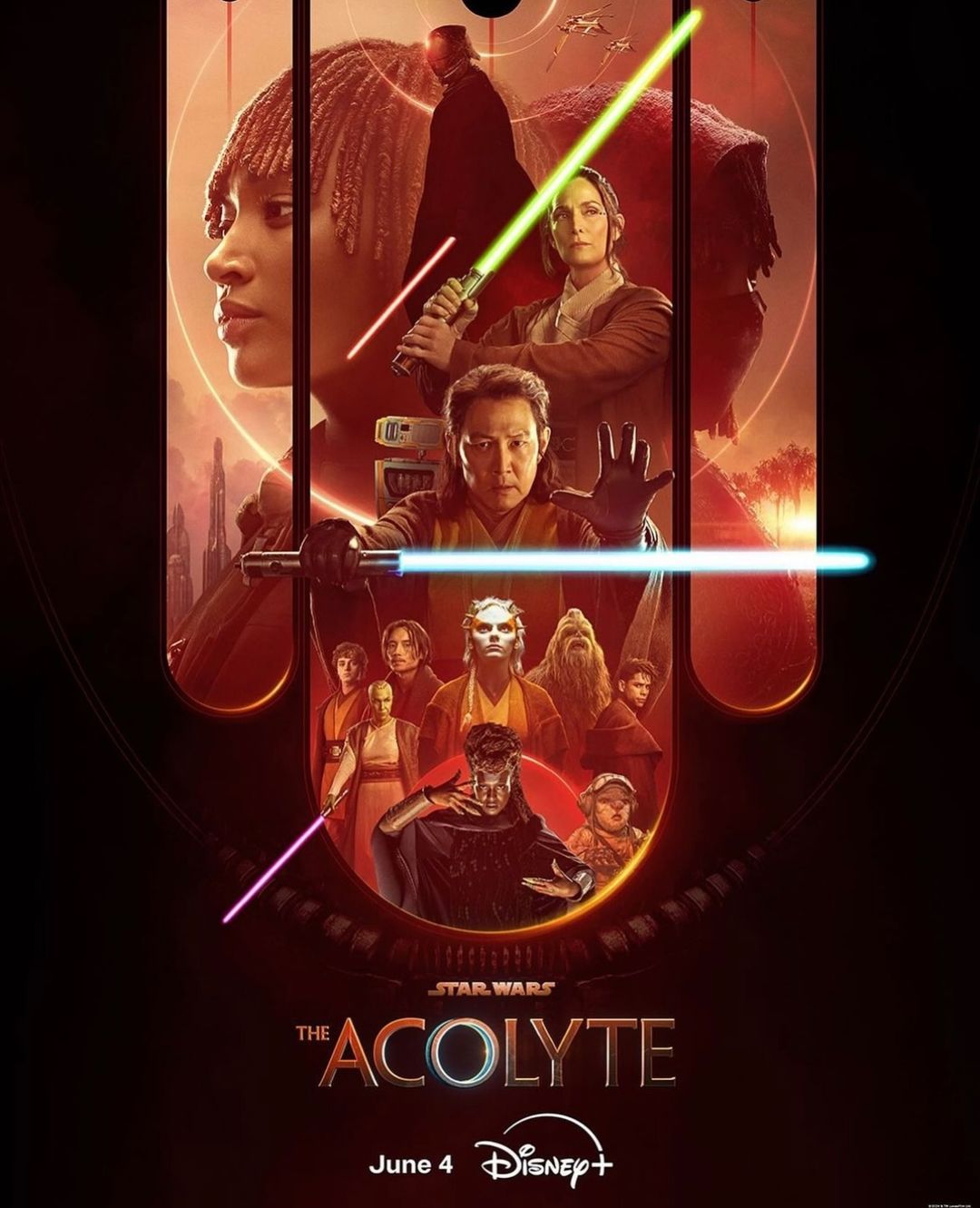 Poster art for Star Wars: The Acolyte features multiple characters with lightsabers in a reddish-brown tone with various landscapes in the background.