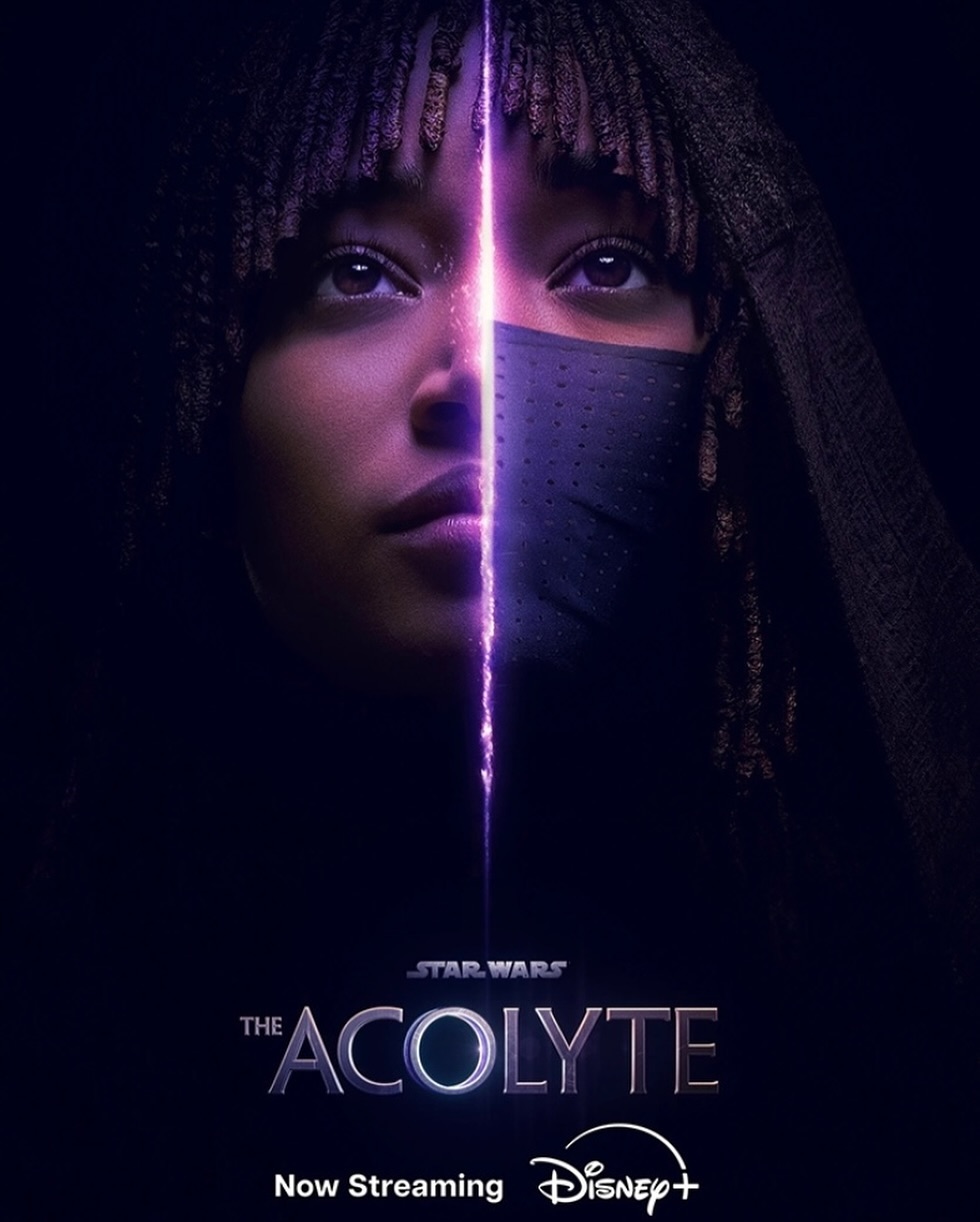 Portrait of a woman in a dark, mysterious setting with a partial mask and a vertical beam of purple light bisecting her face.