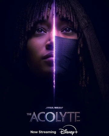 Portrait of a woman in a dark, mysterious setting with a partial mask and a vertical beam of purple light bisecting her face.