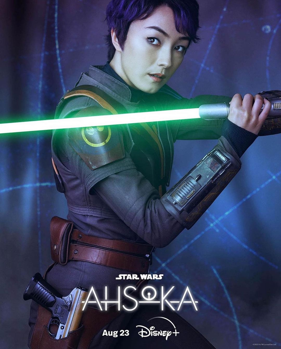 Promotional image for Ahsoka series featuring Rosario Dawson in costume holding a lightsaber against a blue and purple backdrop.