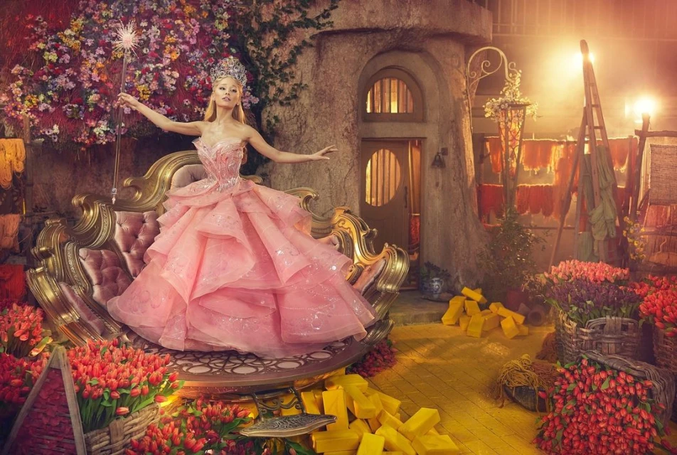 Woman in a pink gown and crown sits on an ornate gold bench surrounded by red tulips and gold bars in front of a stone building.