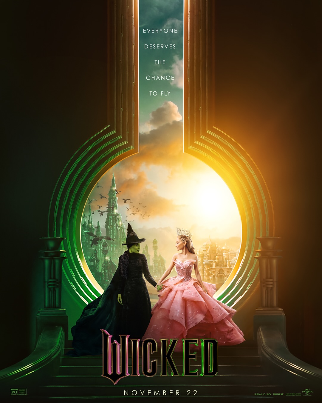 Movie poster for Wicked featuring two women in fantasy gowns holding hands, set against a backdrop of an emerald city.