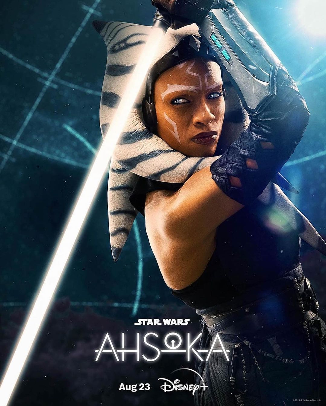 Ahsoka Tano wielding lightsaber in Star Wars Ahsoka promo poster. Close up of female character in sci-fi setting, fantasy aesthetic.