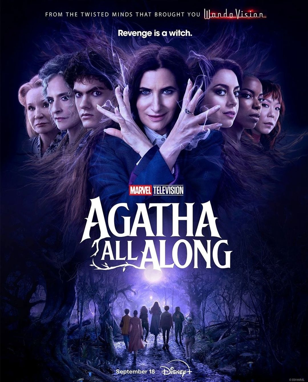 Agatha All Along poster featuring Kathryn Hahn and cast, set against a blue and purple-toned forest backdrop, promoting the Marvel television show.