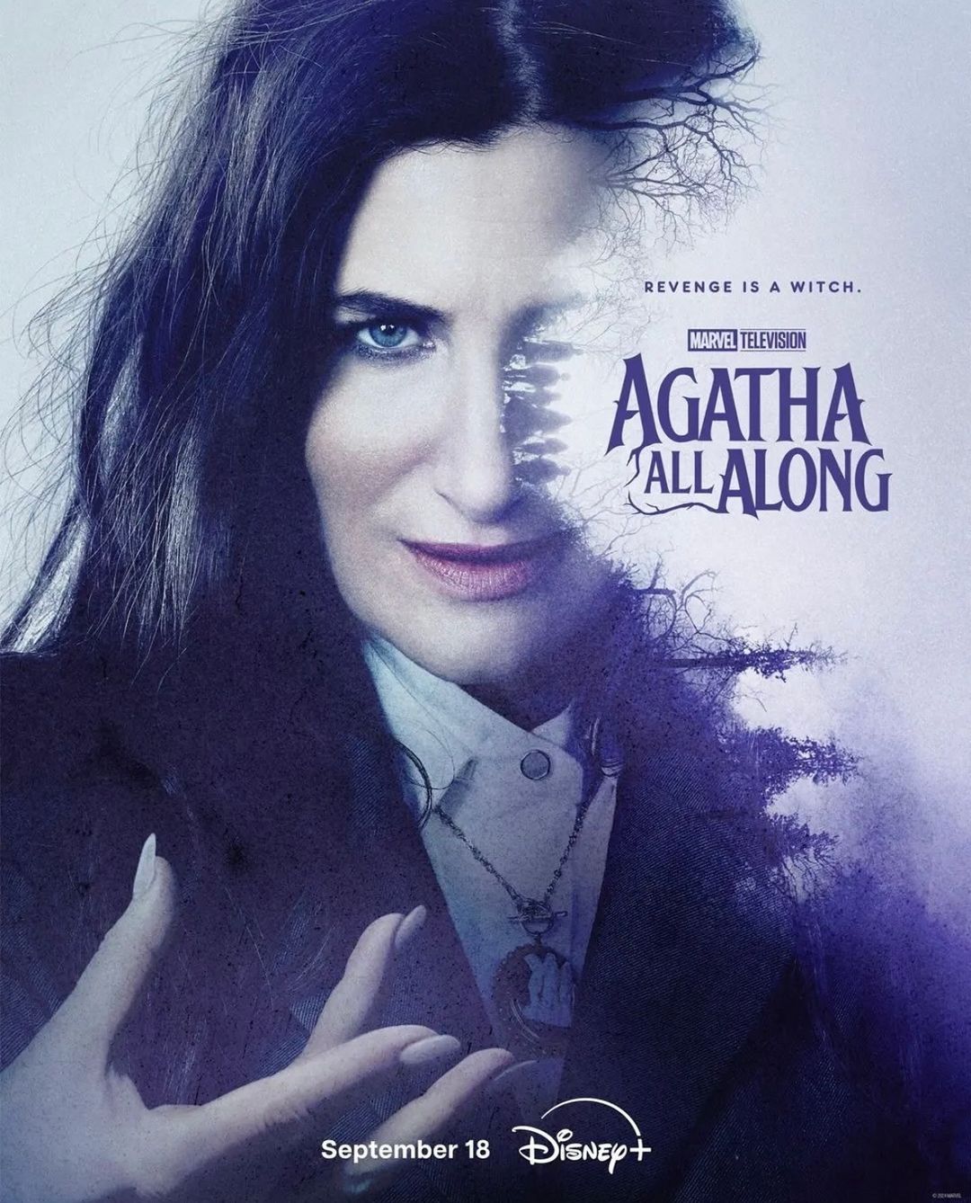 Headshot of Kathryn Hahn as Agatha Harkness from "Agatha All Along", set against a light background with a tree silhouette on half of her face.