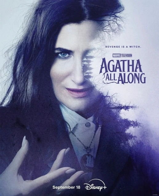 Headshot of Kathryn Hahn as Agatha Harkness from "Agatha All Along", set against a light background with a tree silhouette on half of her face.