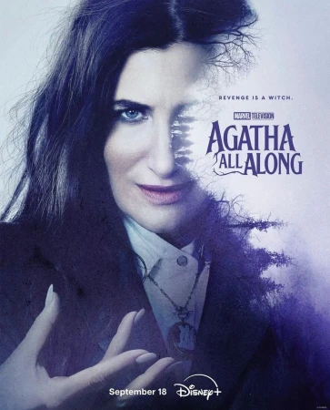 Headshot of Kathryn Hahn as Agatha Harkness from "Agatha All Along", set against a light background with a tree silhouette on half of her face.
