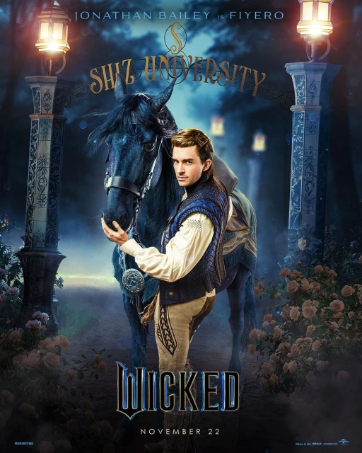 Promotional poster for Wicked movie featuring Jonathan Bailey on horseback in costume standing in a rose-covered forest pathway.