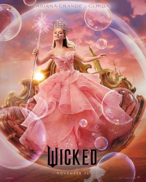Ariana Grande as Glinda in the Wicked movie poster, wearing a pink gown and crown, holding a wand, sitting in an ornate chair.