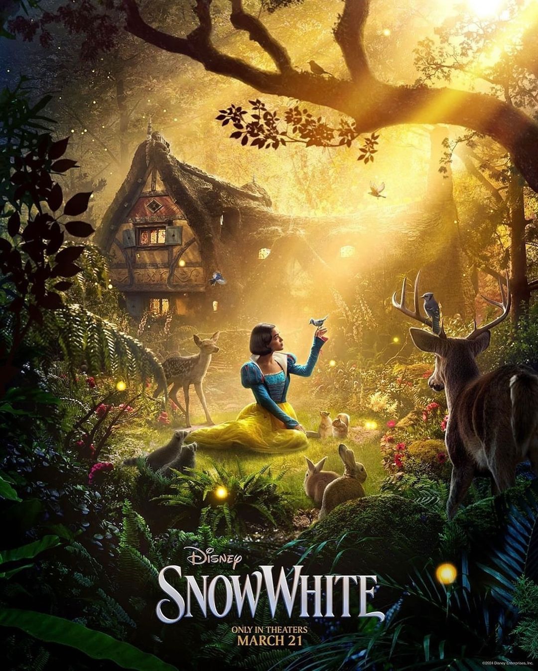 Movie poster for Disney's Snow White, featuring a woman in a fairy tale forest with deer, rabbits, birds, and a cottage.