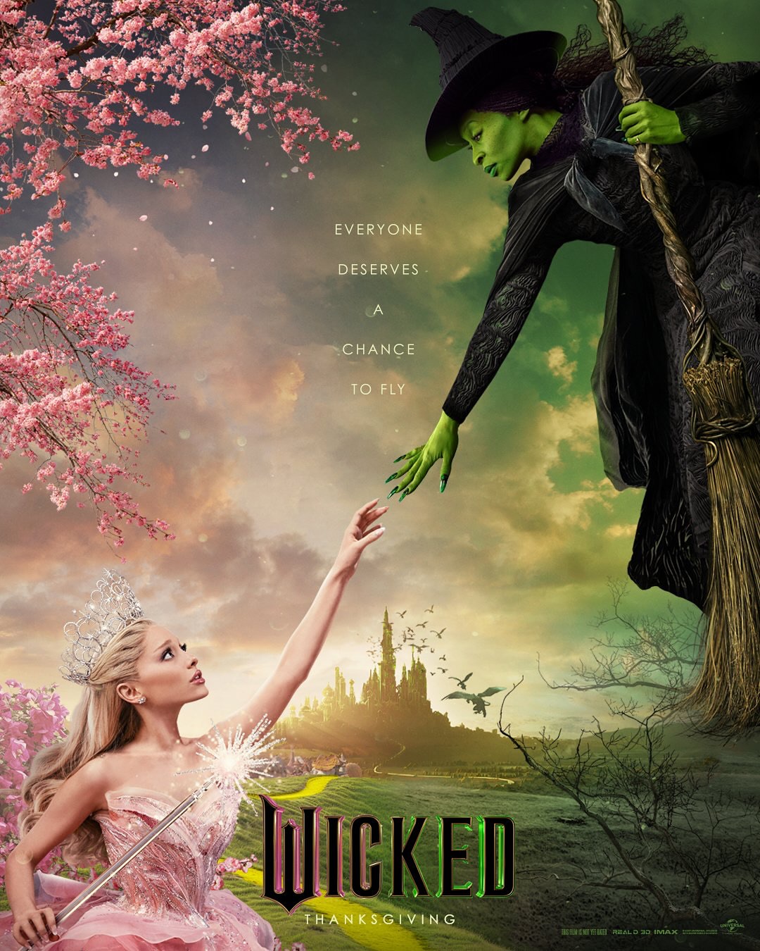 Promotional movie poster for 'Wicked' featuring Ariana Grande and Cynthia Erivo in costume as Glinda and Elphaba against a fantasy backdrop.