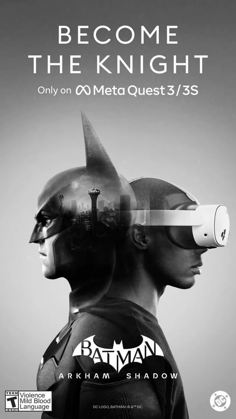 Promotional image for Batman: Arkham Shadow on Meta Quest 3/3S, featuring a man in a Batman mask and a person wearing a VR headset.