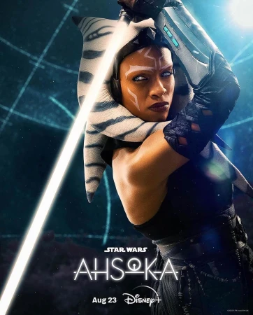 Portrait of Ahsoka Tano holding a glowing lightsaber in a dramatic sci-fi poster by Sophy Holland