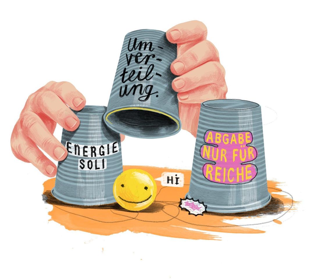 Illustration of a shell game with three cups and a smiley face ball, commentary on wealth distribution and energy policies.
