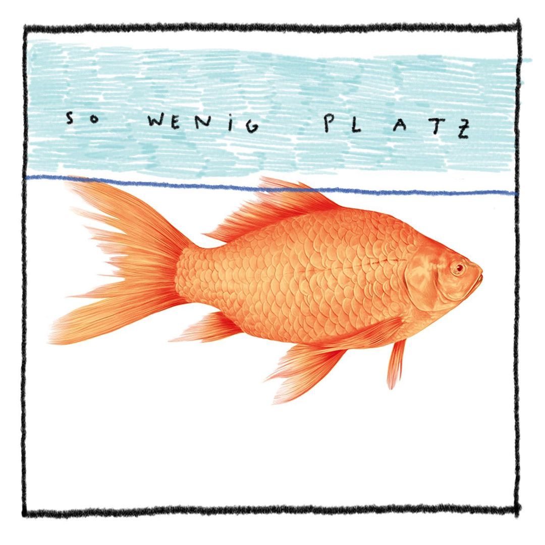 Orange fish in a white tank with blue water and the text 'so wenig platz' against a black-lined border in a drawing.