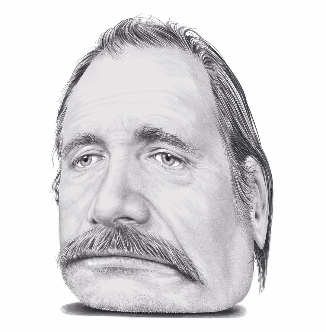 Black-and-white drawing of a man's face with a mustache looking slightly to the left on a white background.