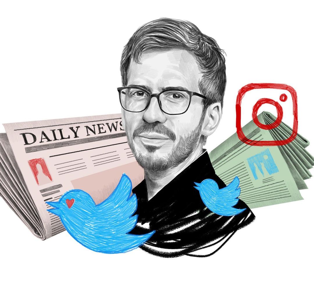 Illustration of a man wearing glasses surrounded by social media icons and a newspaper, against a white background.