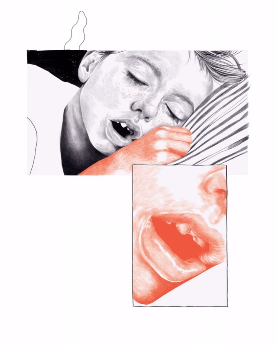 Illustration of a child sleeping soundly with an open mouth, rendered in pencil and red ink against a stark white background.