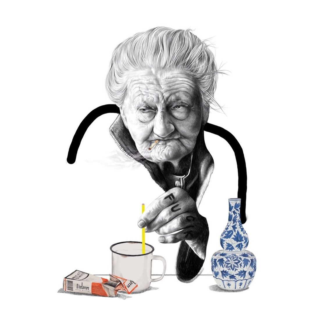 Illustration of an elderly woman with a cigarette, a white mug with a yellow straw, a vase, and a pack of cigarettes on a white background.