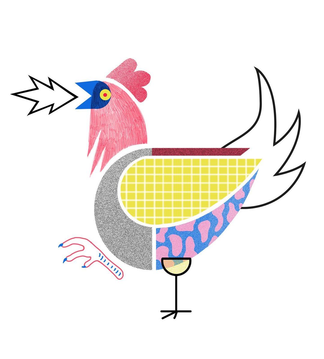 Colorful geometric chicken art illustration on a white background featuring pink, yellow, blue, and gray.