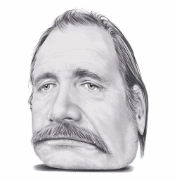 Detailed graphite illustration of a mature man with a prominent mustache against a plain white background