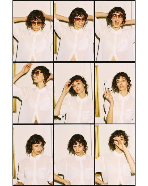 Nine-panel image shows a woman with curly hair wearing sunglasses and a white shirt, posing in different positions against a wall.