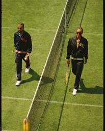 Two athletes in USA tracksuits walking on a green grass tennis court with a net dividing the frame.
