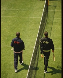 Two tennis players in matching tracksuits walking on a green grass court near the net, photographed from above by Spencer Wells.