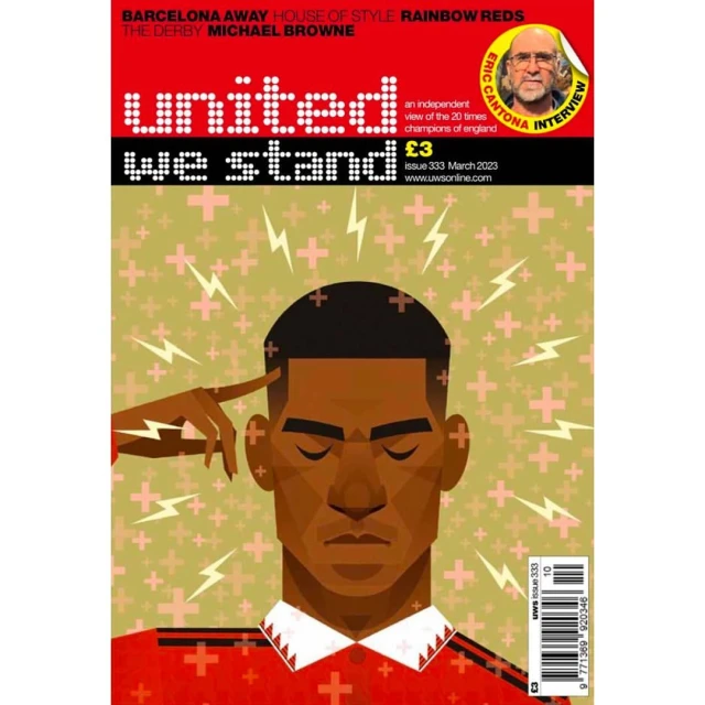 Illustrated magazine cover featuring a stylized portrait of a person, a disembodied hand, and the publication title "United We Stand."