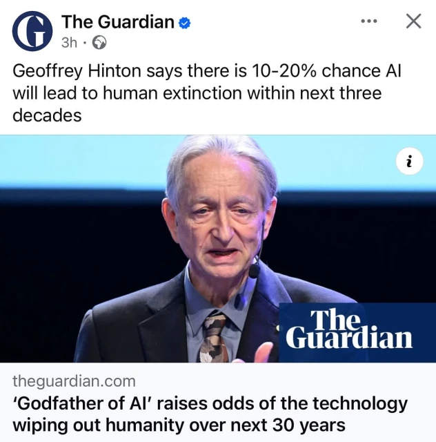 Publicity shot of Geoffrey Hinton, an adult male with short grey hair, wearing a blazer and tie, speaking against a blurred background.