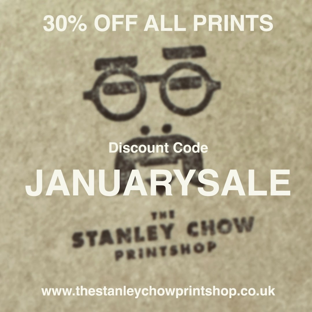 Promotional graphic for Stanley Chow Printshop featuring a discount on all prints with a stylized glasses and mustache logo.