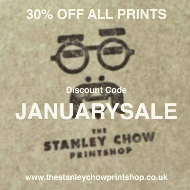 Promotional graphic for Stanley Chow Printshop featuring a discount on all prints with a stylized glasses and mustache logo.