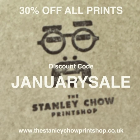 Promotional graphic for Stanley Chow Printshop featuring a discount on all prints with a stylized glasses and mustache logo.
