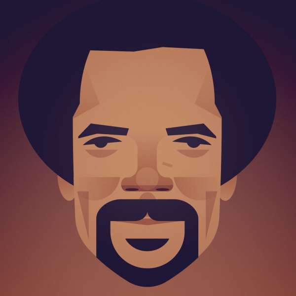 Illustration of a man's face with dark hair, a goatee, and a tan complexion set against a gradient brown background.
