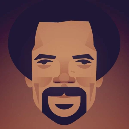 Illustration of a man's face with dark hair, a goatee, and a tan complexion set against a gradient brown background.