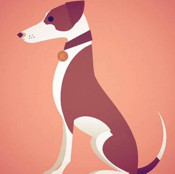 Illustration of a dog with brown and white fur sitting in a side profile with its head turned towards the left side of the image.