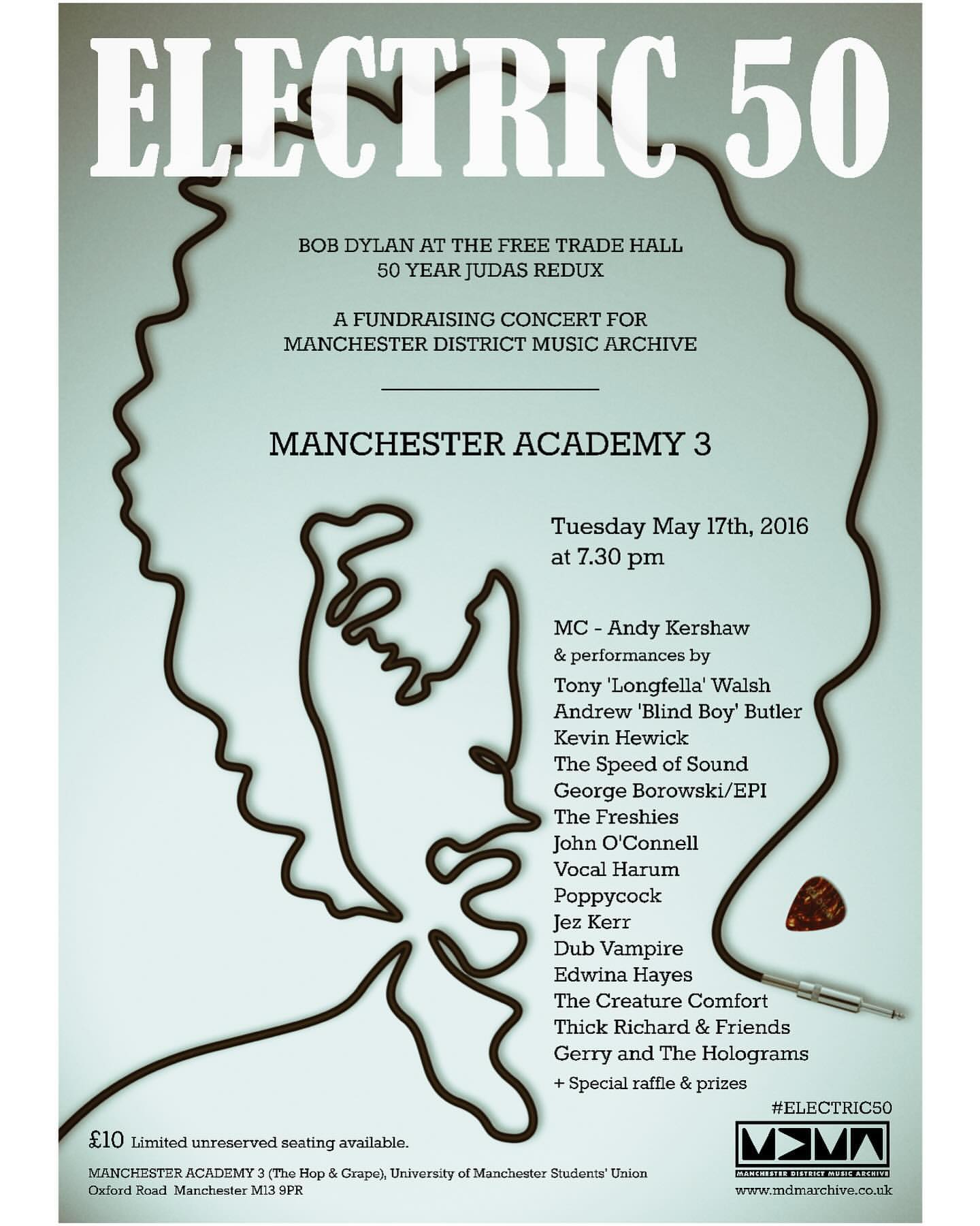 Promotional poster for Electric 50 concert event features head outline, event details, names of performers, ticket pricing, and showtime.