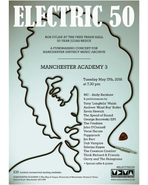 Promotional poster for Electric 50 concert event features head outline, event details, names of performers, ticket pricing, and showtime.