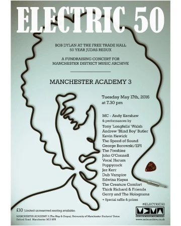 Promotional poster for Electric 50 concert event features head outline, event details, names of performers, ticket pricing, and showtime.