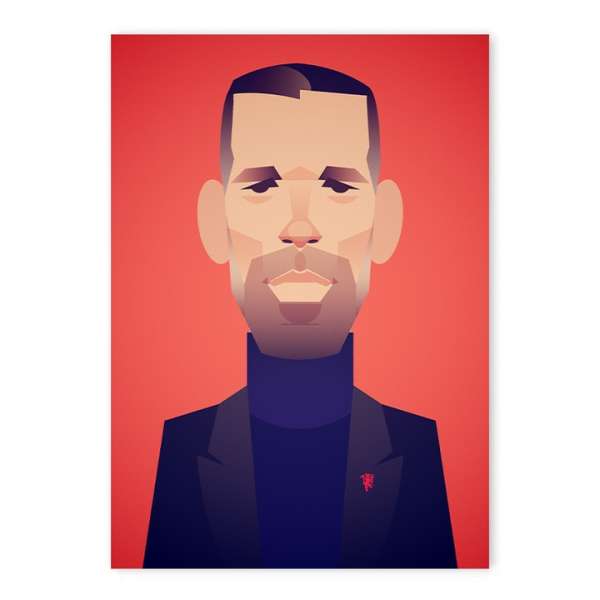 Illustration of a man with geometric shapes, wearing a black suit and turtleneck, set against a gradient red background.
