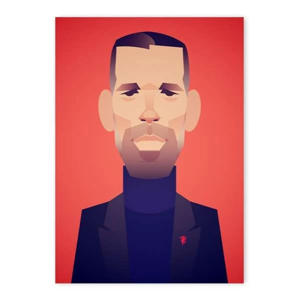 Illustration of a man with geometric shapes, wearing a black suit and turtleneck, set against a gradient red background.
