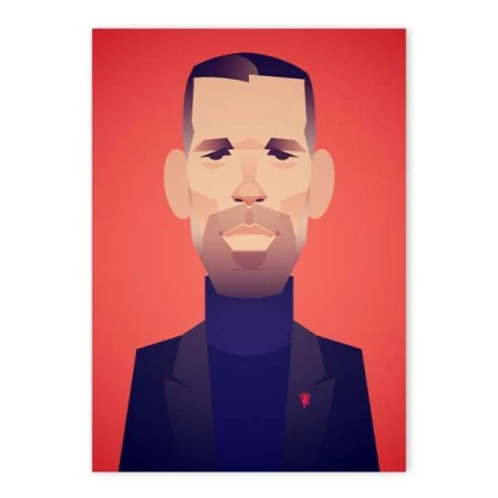 Illustration of a man with geometric shapes, wearing a black suit and turtleneck, set against a gradient red background.