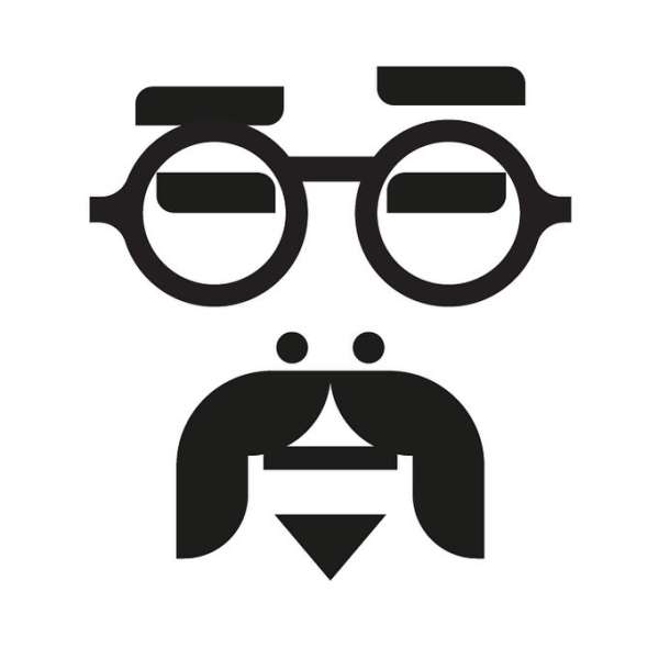 Black and white graphic of a stylized face with glasses, mustache, and beard created from simple geometric shapes on a white background.