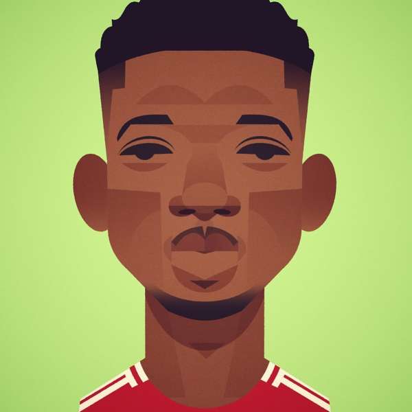 Illustration of an adult male with dark hair and red jersey against a lime green background; the style is geometric and blocky.