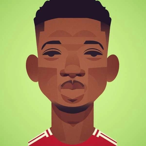 Illustration of an adult male with dark hair and red jersey against a lime green background; the style is geometric and blocky.